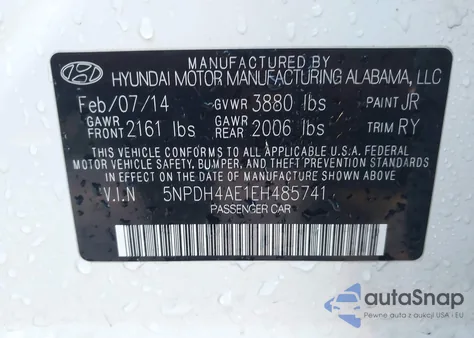 2014 Hyundai Elantra Limited z USA, uszkodzony, nr VIN 5NPDH4AE1EH485741